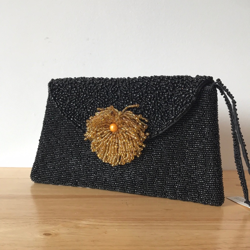 Beaded Black and Gold Evening Clutch Wristlet